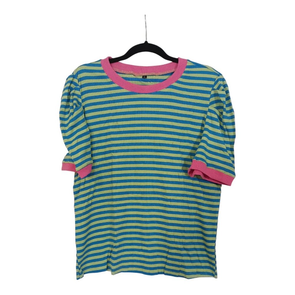 Women's XL Blue Green Striped Crewneck Shirt Colorblock Y2K Summer Top Retro Tee